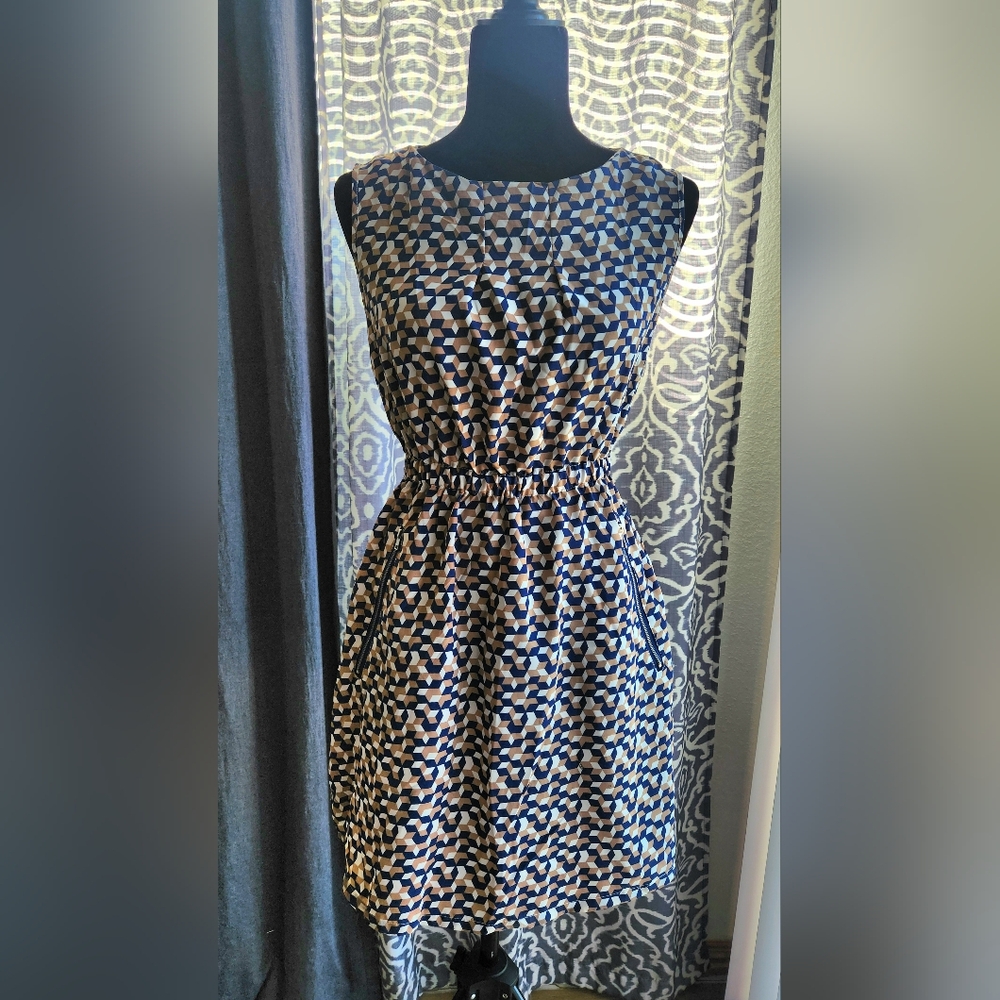 Feathers Blue and Tan Geometric Midi Dress
